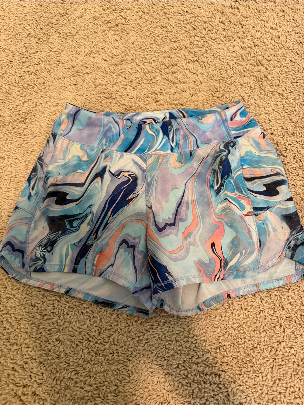 Athleta Marble Swirl Athletic Shorts in Light Blue, Navy & Coral